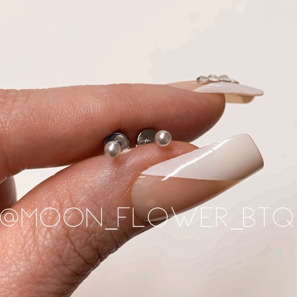 Tiny Silver Pearl Flat Back Earrings - Picture 2 of 9